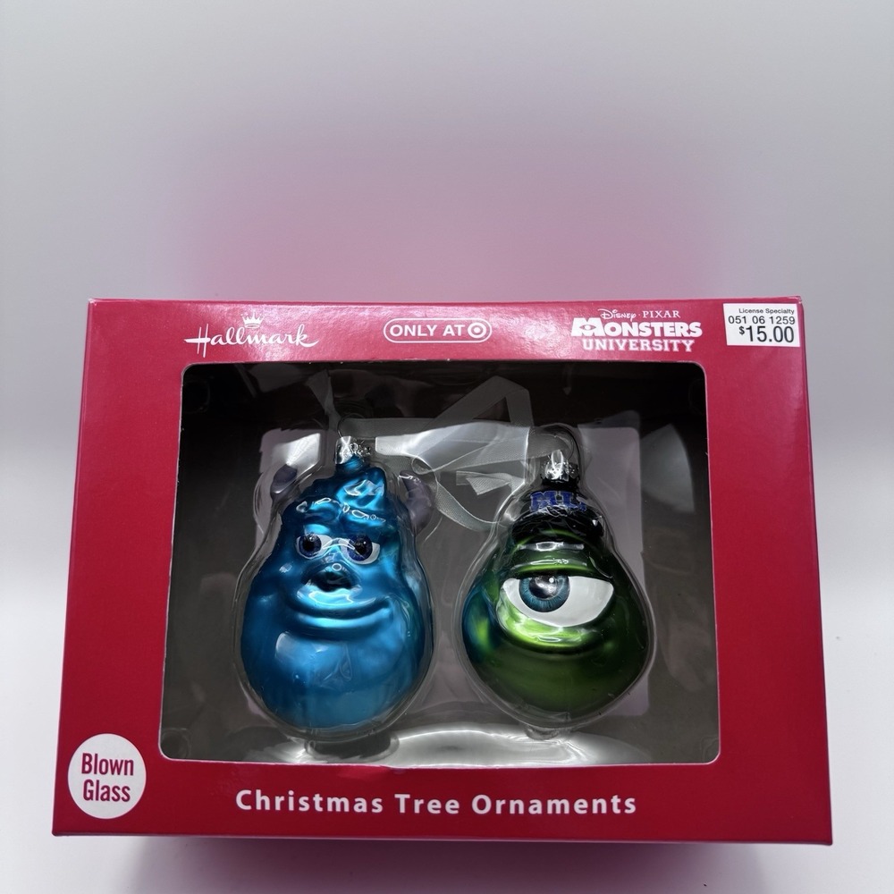 Hallmark Disney Pixar Monsters Inc Mike & Sully Glass Christmas Ornament In Box